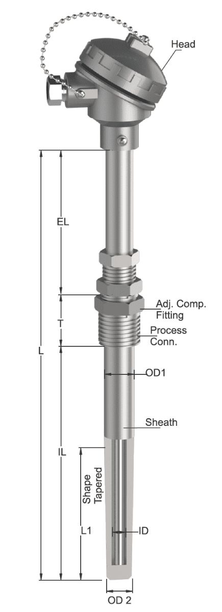 Tempsen T - 656 THERMOCOUPLE WITH TAPERED THERMOWELL & ADJUSTABLE COMPENSATION FITTING
