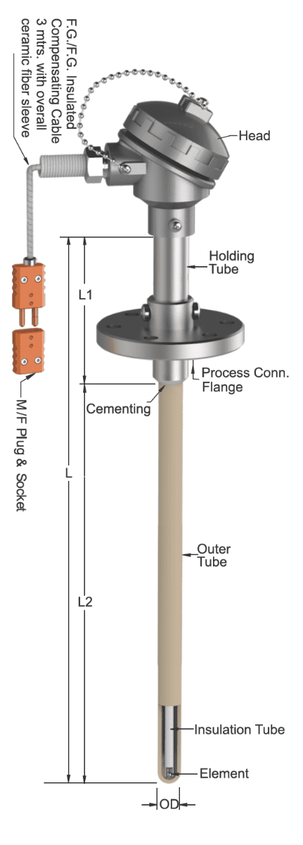 Tempsen T - 806 THERMOCOUPLE WITH SINGLE PROTECTION TUBE & ADJUSTABLE FLANGE
