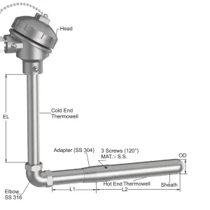 Tempsen T - 950 THERMOCOUPLE FOR MOLTEN ALUMINIUM ("L" SHAPE)