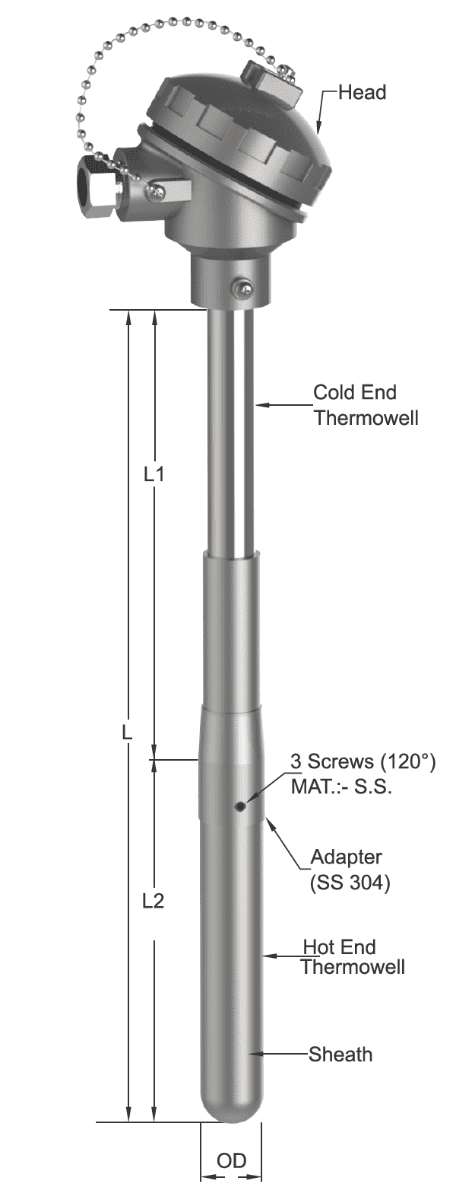 Tempsen T - 951 THERMOCOUPLE FOR MOLTEN ALUMINIUM (STRAIGHT)